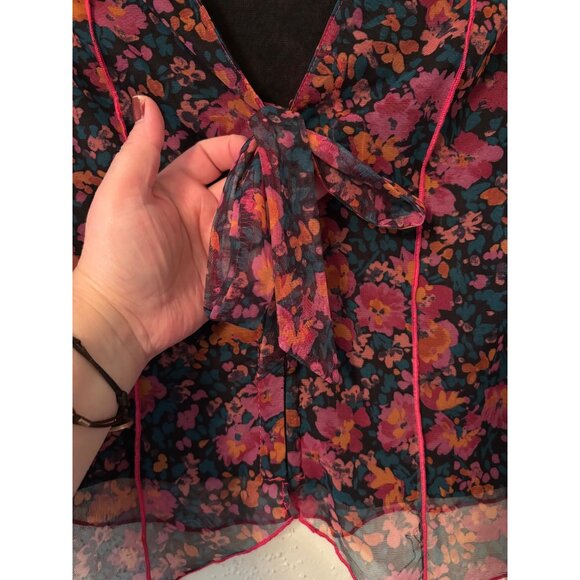 Promesa Fabulous Flowers Floral-Print Mesh Bell-Sleeve Top Sheer V-Neck Tie-Fron - Picture 14 of 16